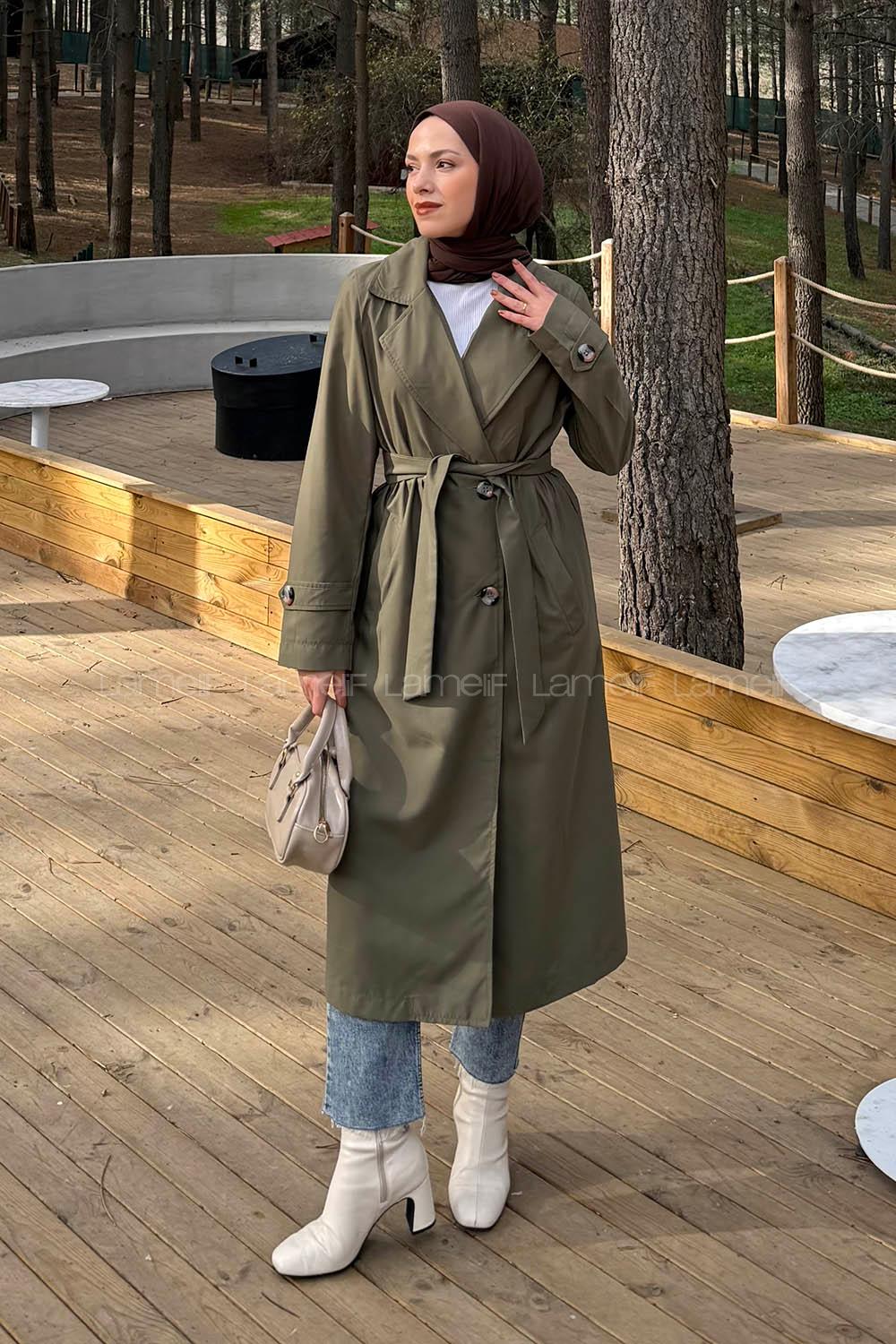 Lamelif Apoletli Klasik Kuşaklı Trençkot Haki