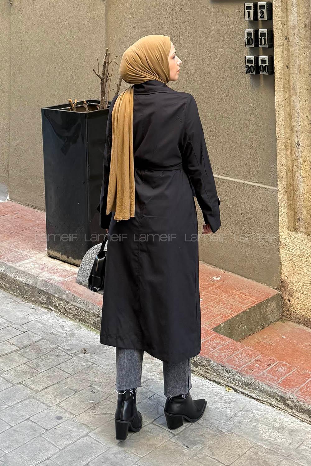 Lamelif Apoletli Klasik Kuşaklı Trençkot Siyah
