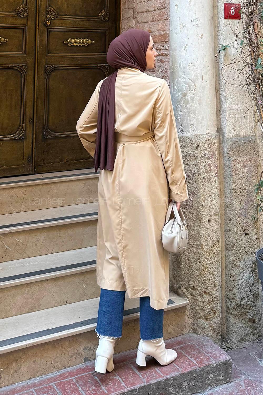 Lamelif Apoletli Klasik Kuşaklı Trençkot Sütlü Kahve