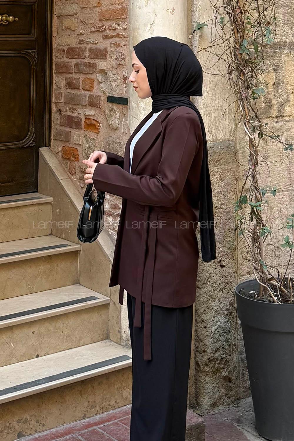 Lamelif Bağlama Detaylı Ceket Acı Kahve