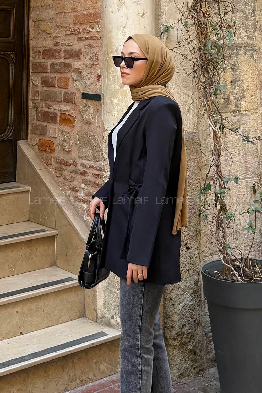 Lamelif Bağlama Detaylı Ceket Siyah