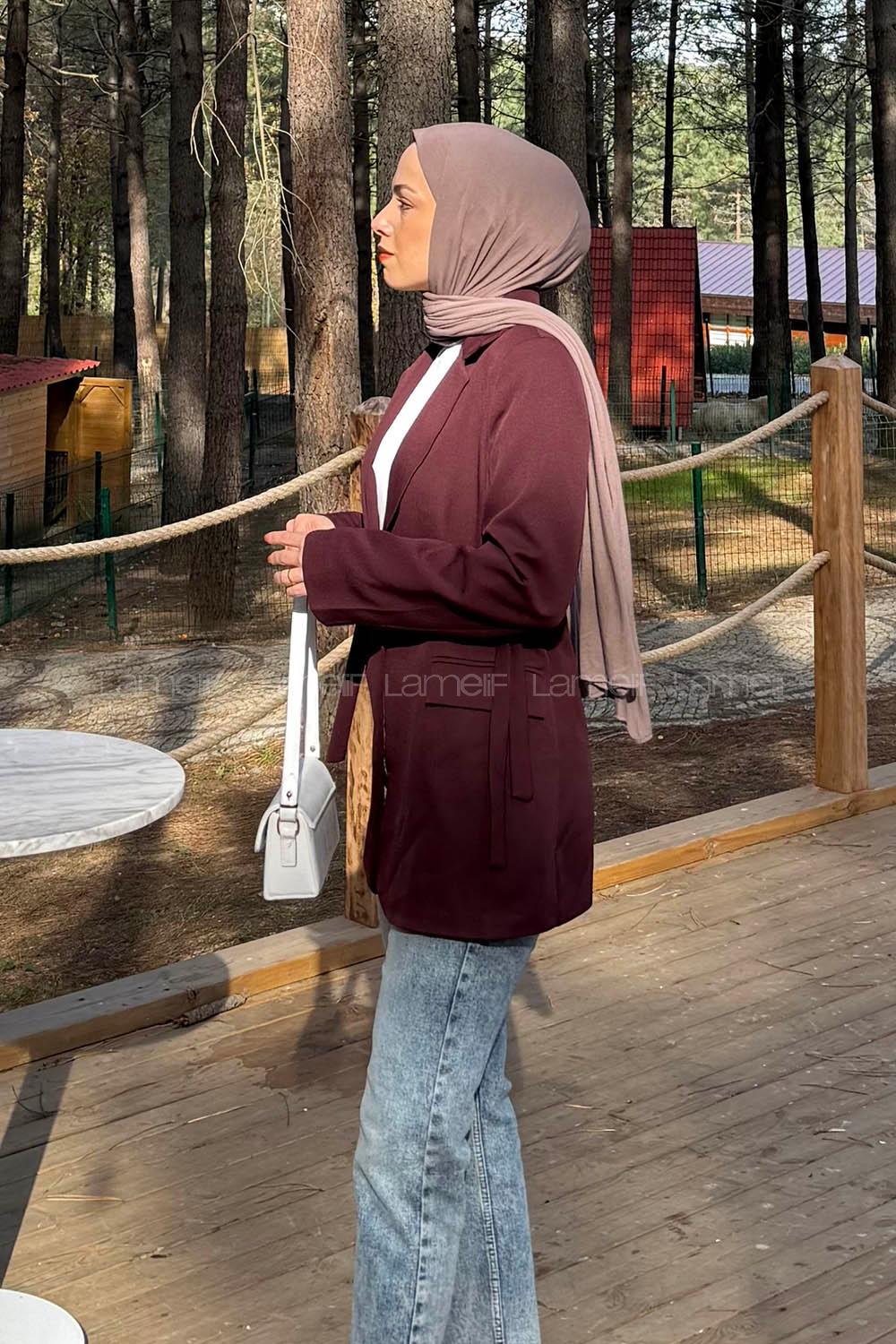 Lamelif Çift Kuşaklı Ceket Bordo