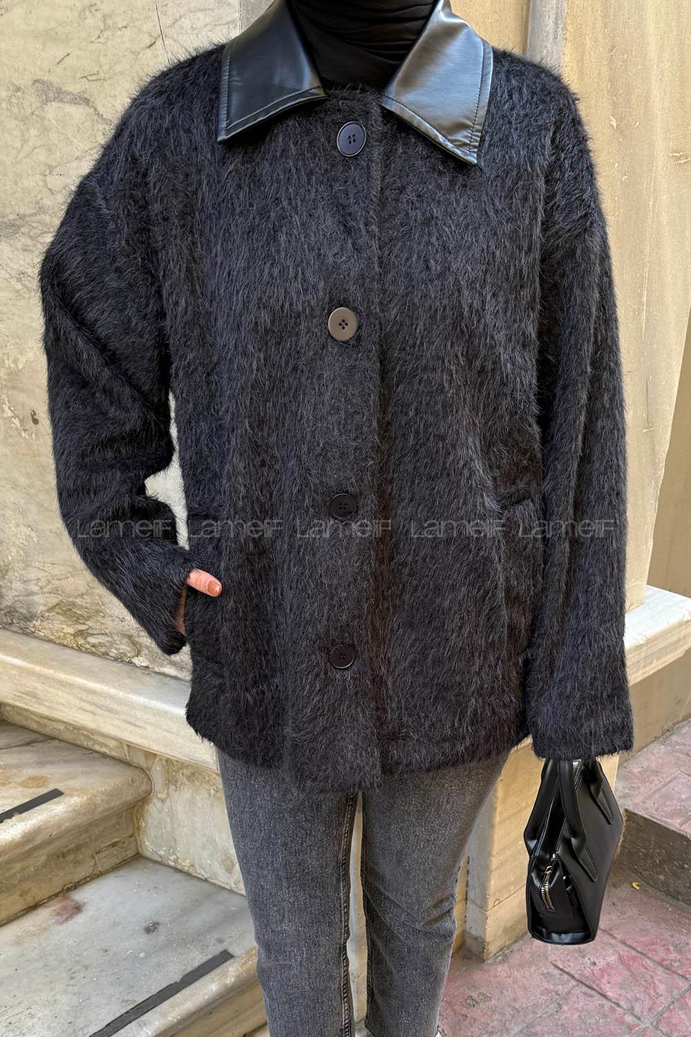 Lamelif Deri Yaka Mont Siyah