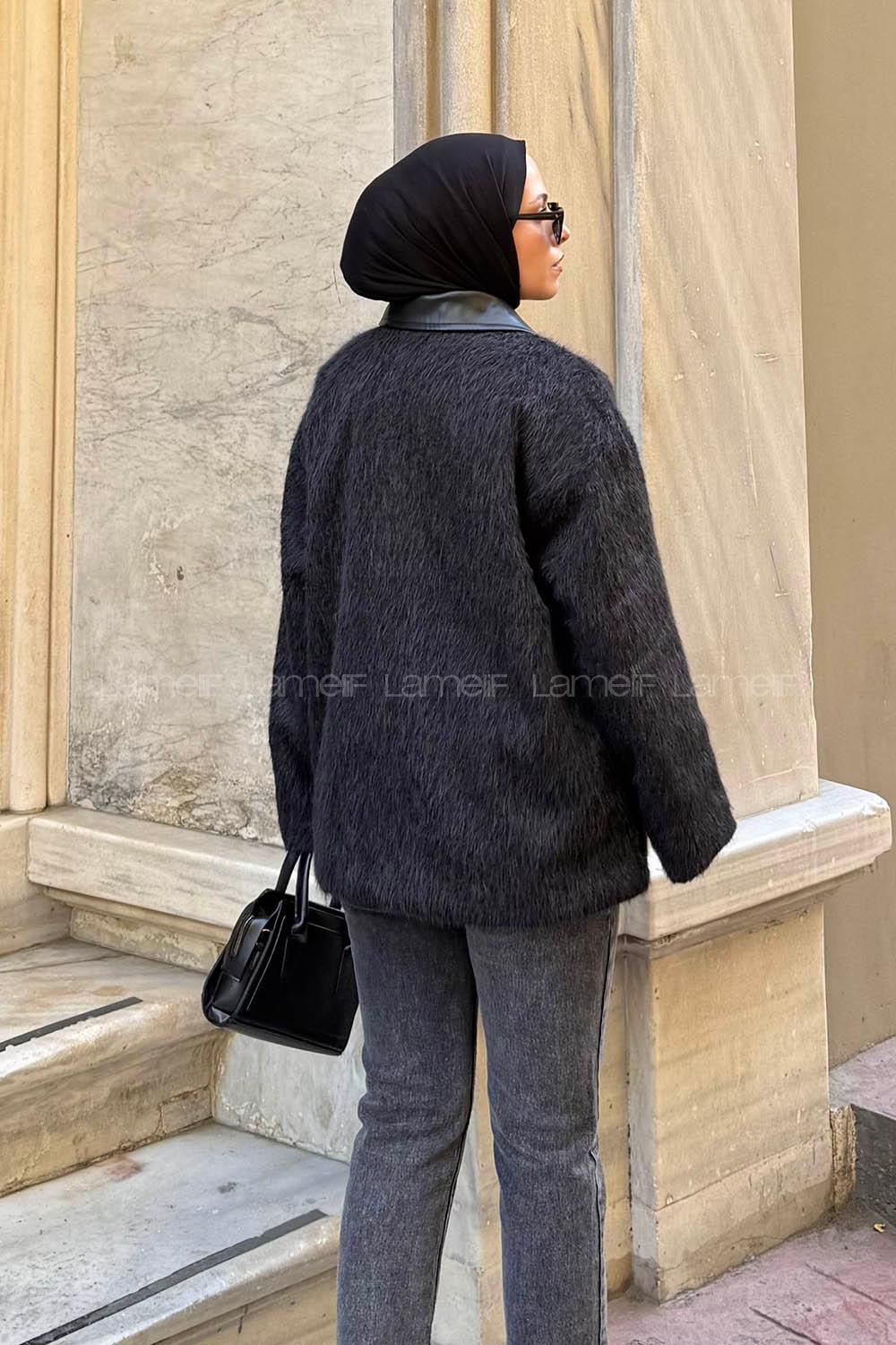 Lamelif Deri Yaka Mont Siyah