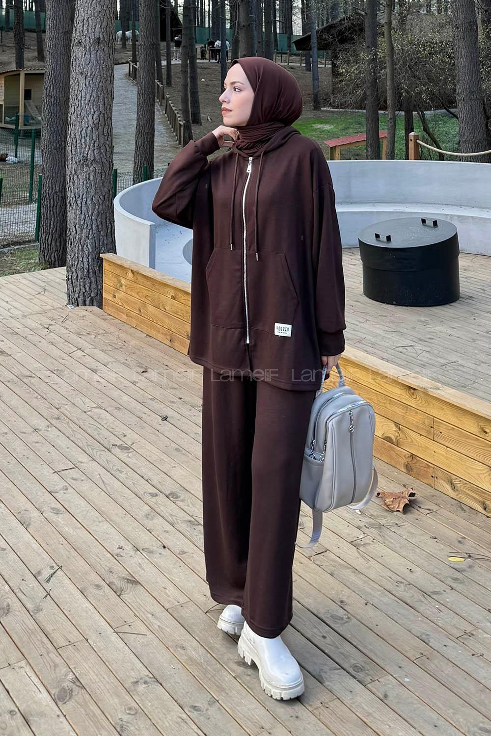 Lamelif Fermuarlı Kapüşonlu Oysho Takım Acı Kahve