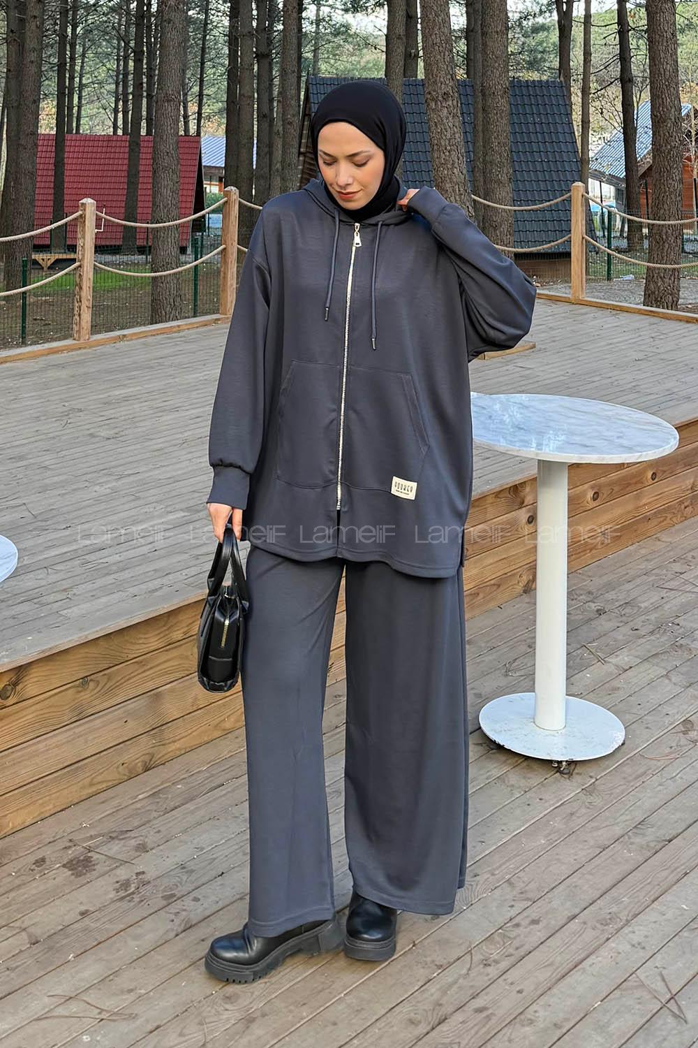 Lamelif Fermuarlı Kapüşonlu Oysho Takım Antrasit