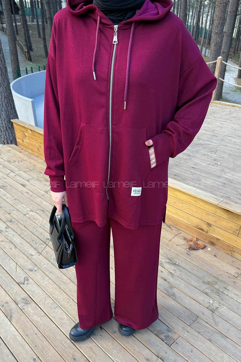 Lamelif Fermuarlı Kapüşonlu Oysho Takım Bordo