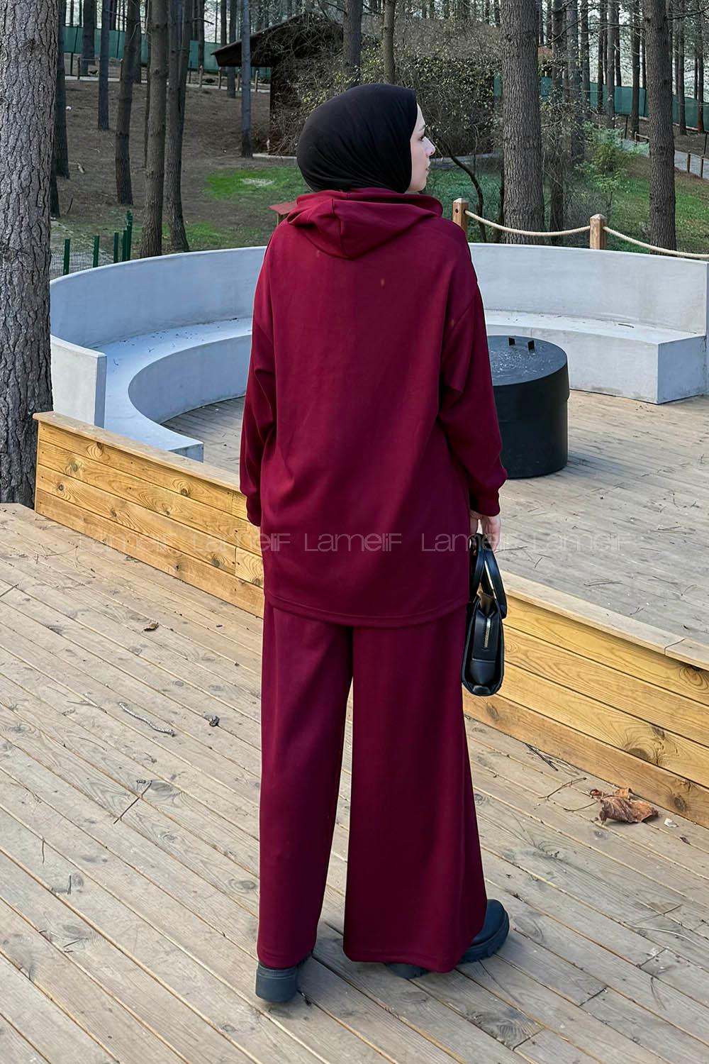 Lamelif Fermuarlı Kapüşonlu Oysho Takım Bordo