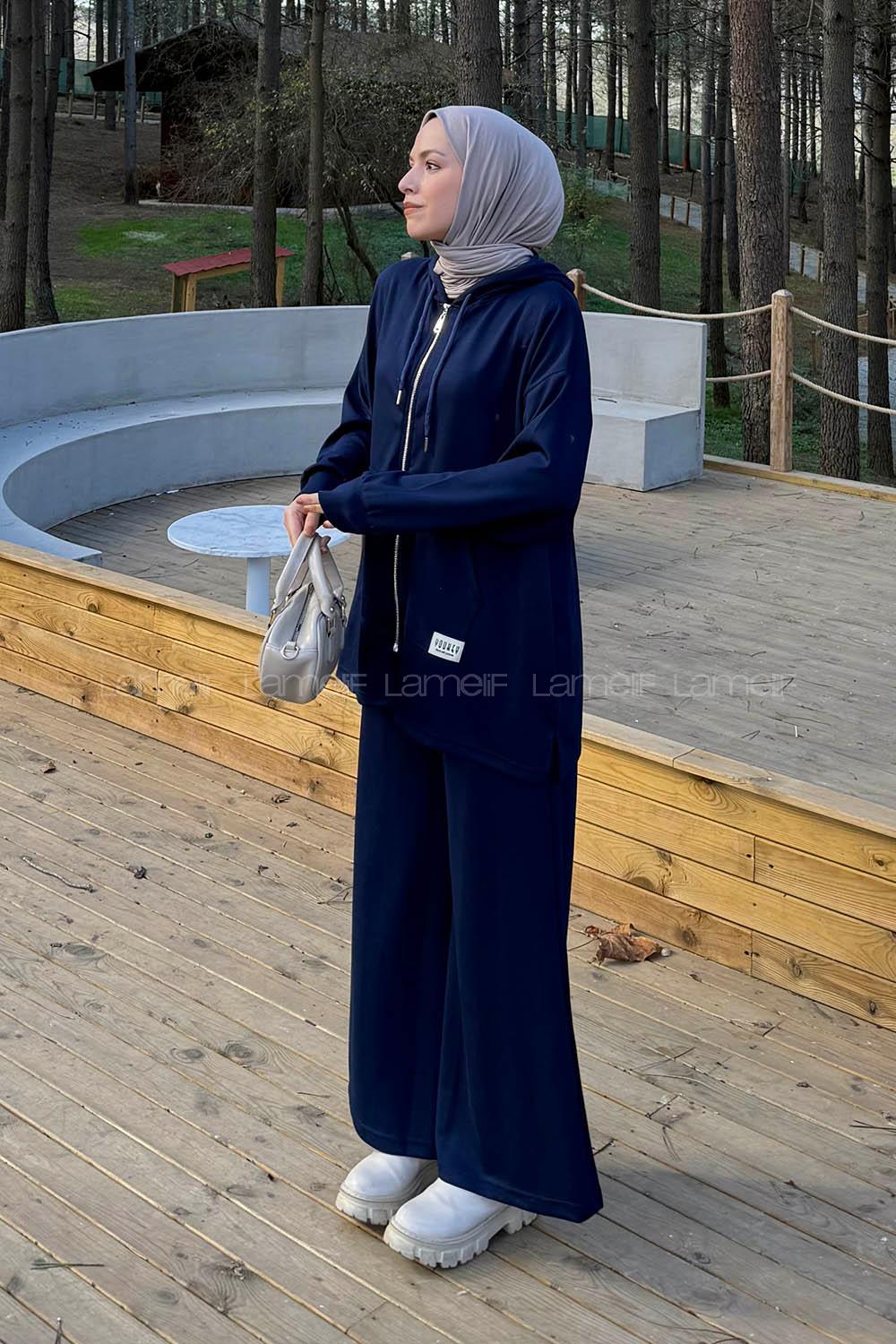 Lamelif Fermuarlı Kapüşonlu Oysho Takım Lacivert