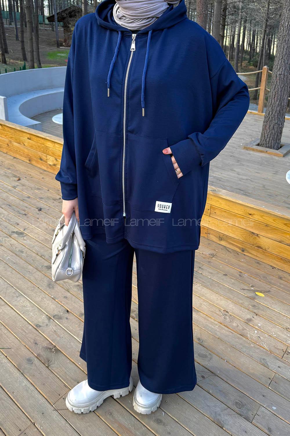 Lamelif Fermuarlı Kapüşonlu Oysho Takım Lacivert