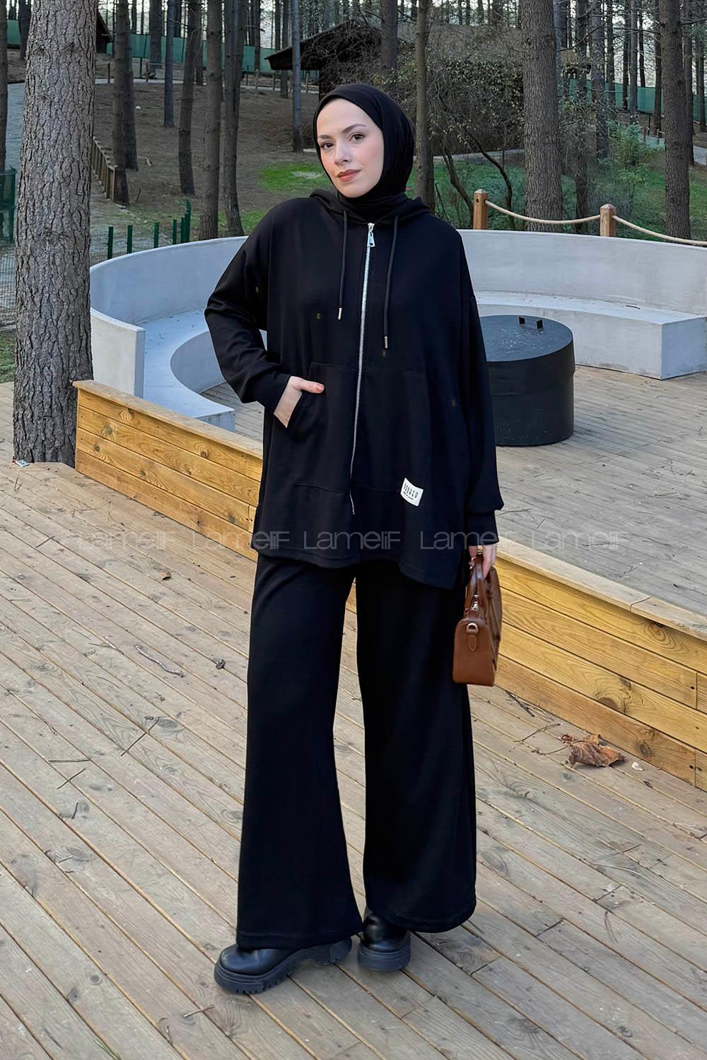 Black Hood Neck Long Arm Cotton Regular Trousers Comfortable Suit