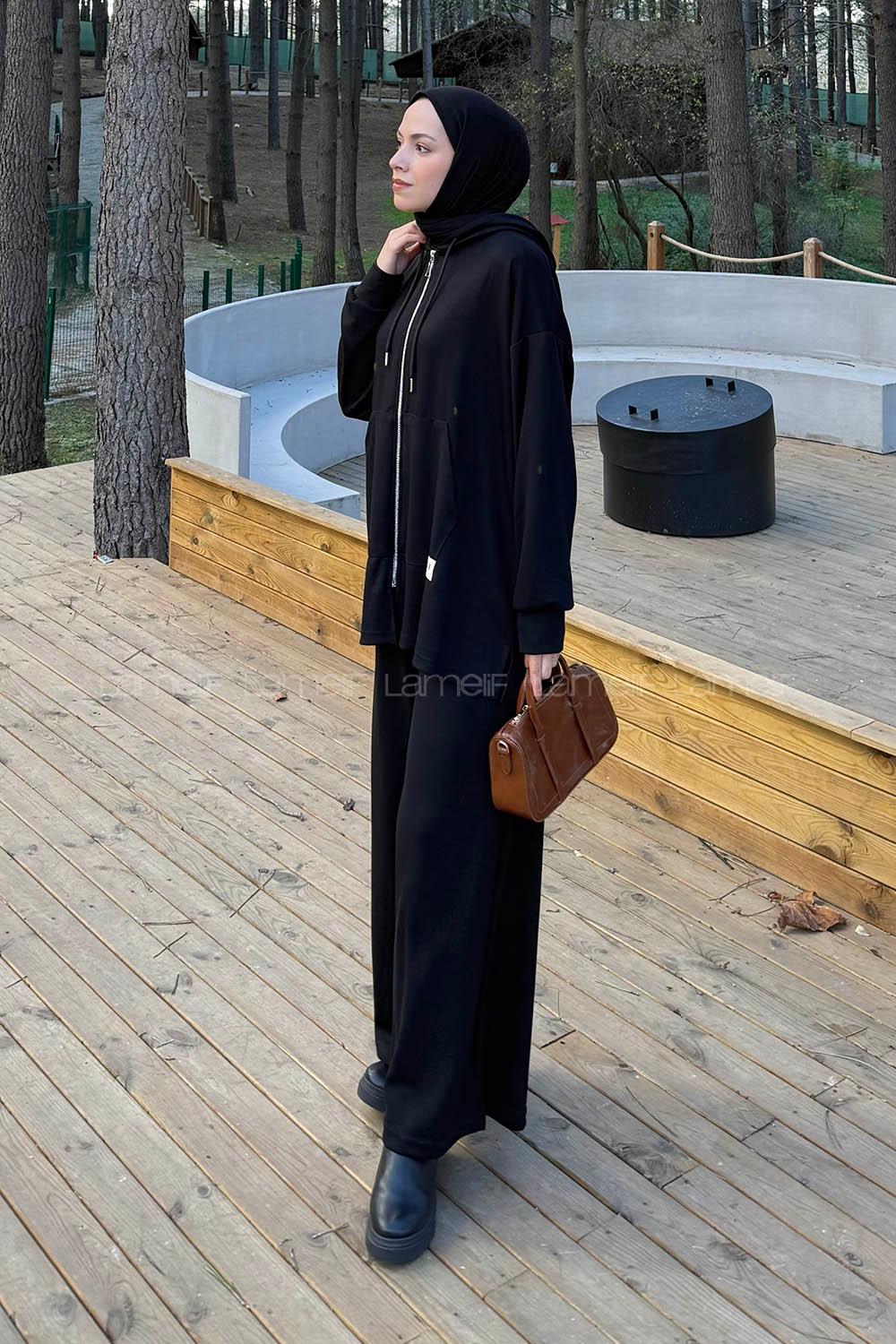 Black Hood Neck Long Arm Cotton Regular Trousers Comfortable Suit