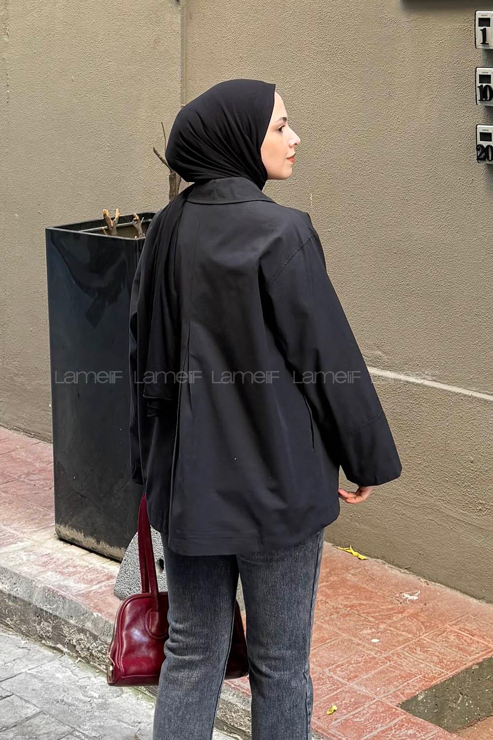 Lamelif Fiyonk Detaylı Trençkot Siyah