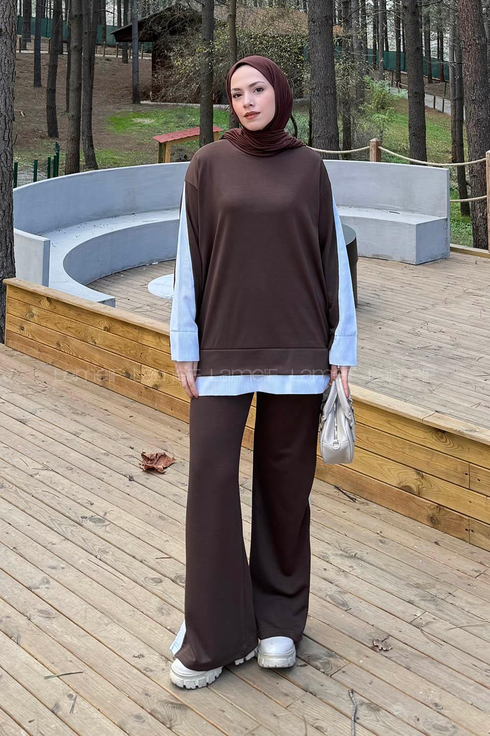 Bitter Brown Crew Neck Long Arm Modal Viscose Regular Trousers Comfortable Suit
