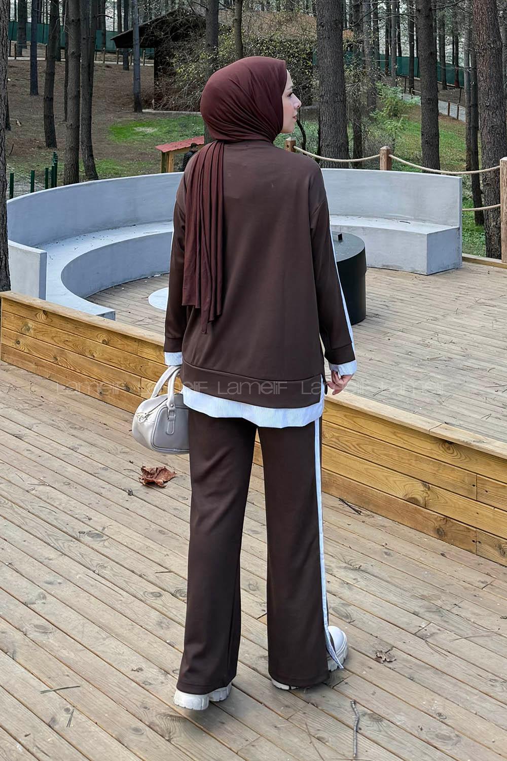 Bitter Brown Crew Neck Long Arm Modal Viscose Regular Trousers Comfortable Suit