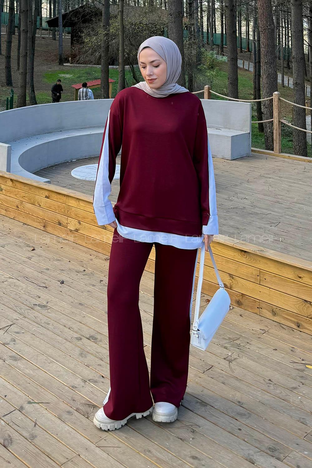 Claret Red Crew Neck Long Arm Modal Viscose Regular Trousers Comfortable Suit