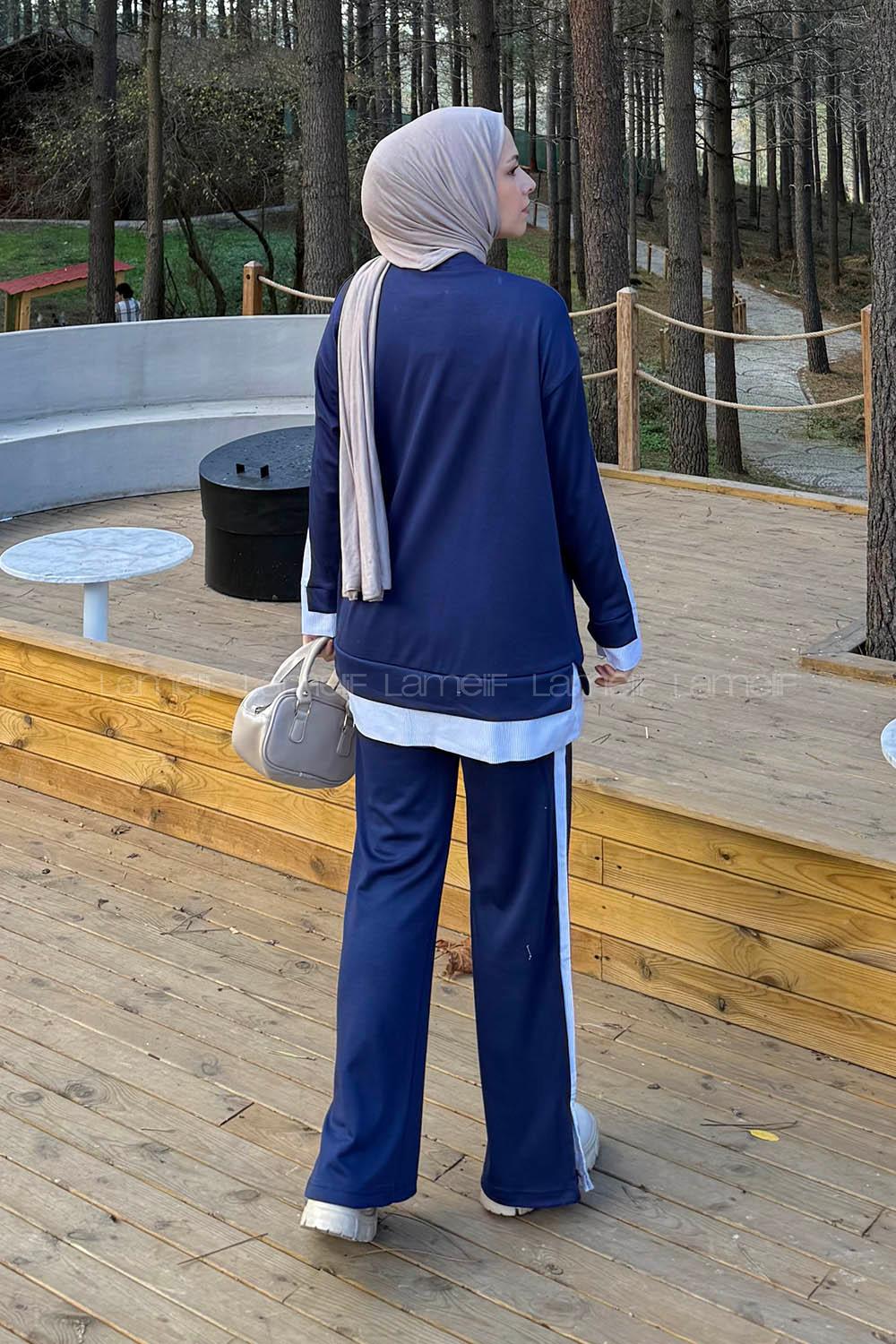 Navy Blue Crew Neck Long Arm Modal Viscose Regular Trousers Comfortable Suit