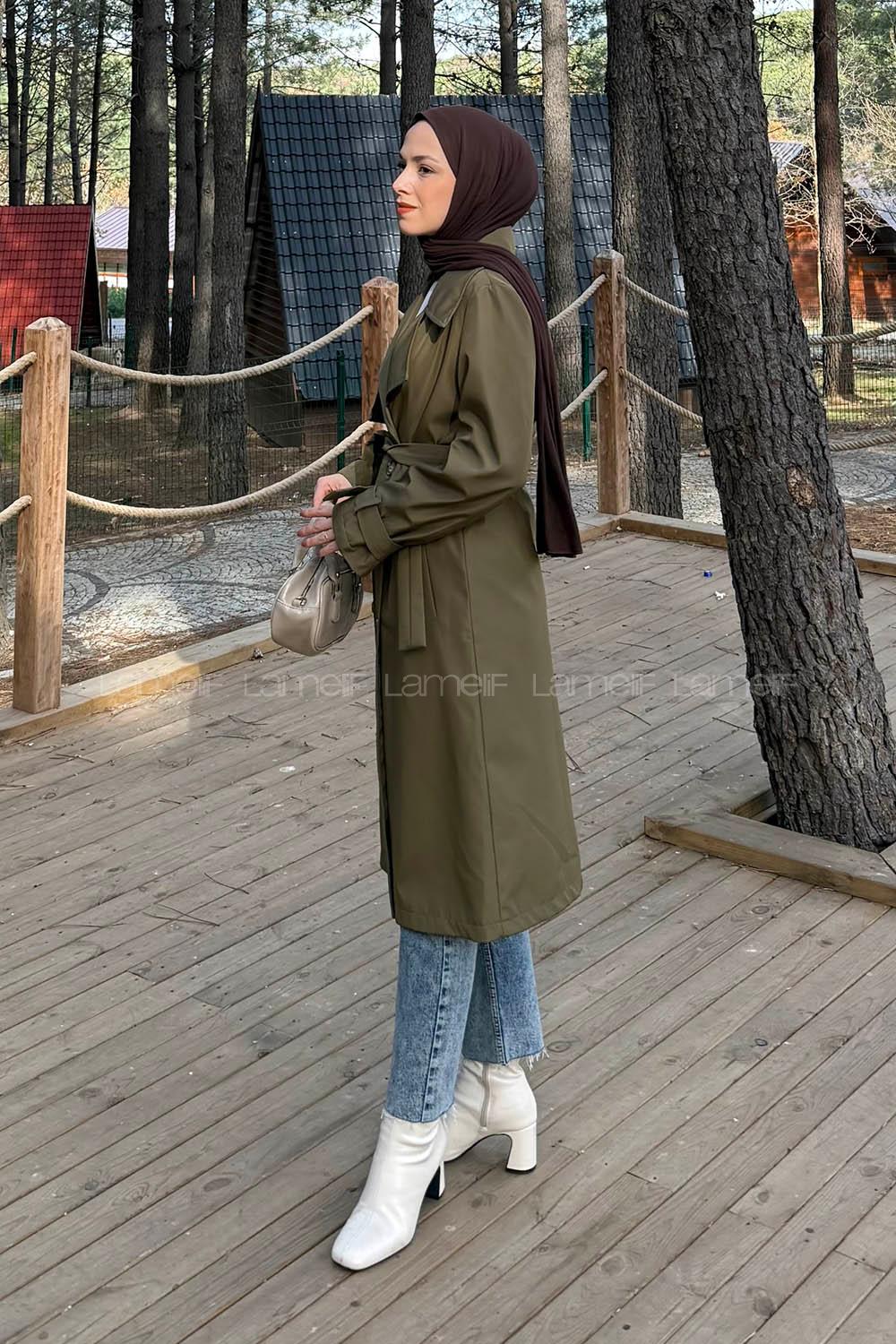 Lamelif Klasik Kuşaklı Trenç Koyu Yeşil