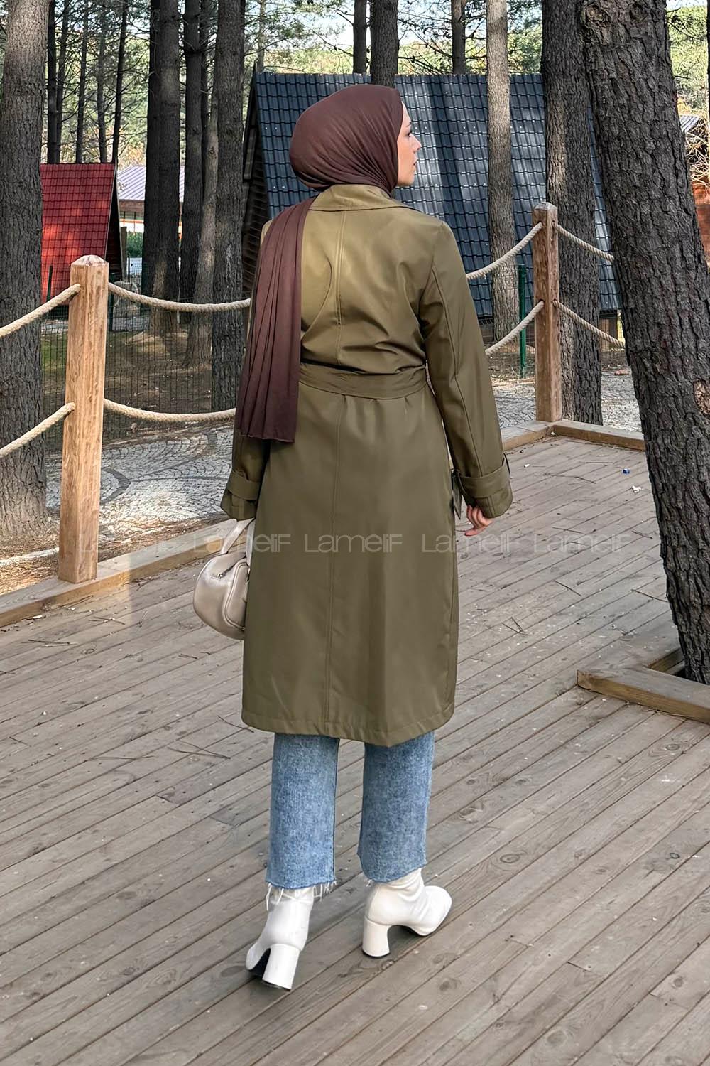 Lamelif Klasik Kuşaklı Trenç Koyu Yeşil