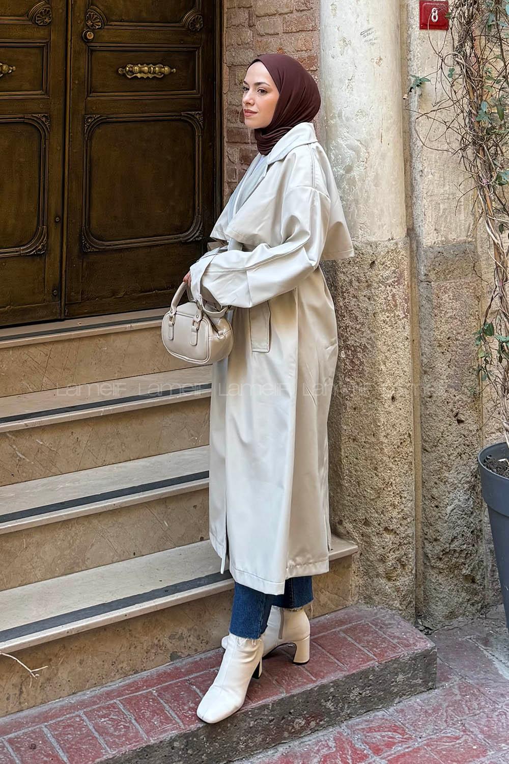 Lamelif Kruvaze Oversize Trenç Taş Rengi