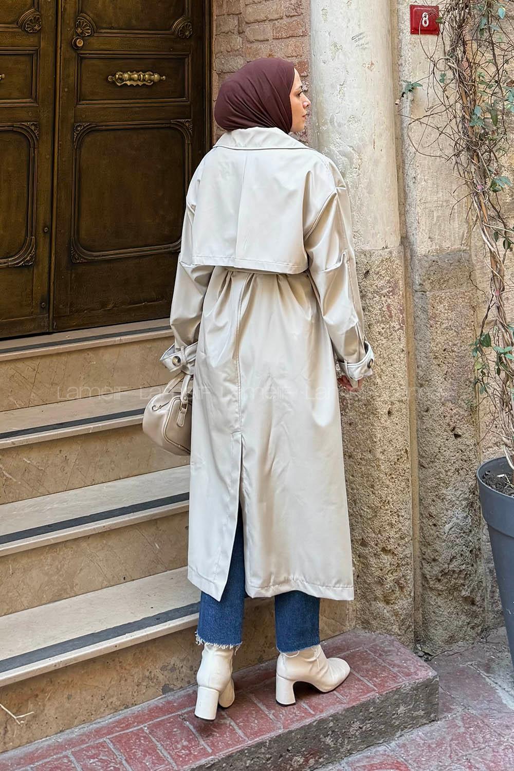 Lamelif Kruvaze Oversize Trenç Taş Rengi