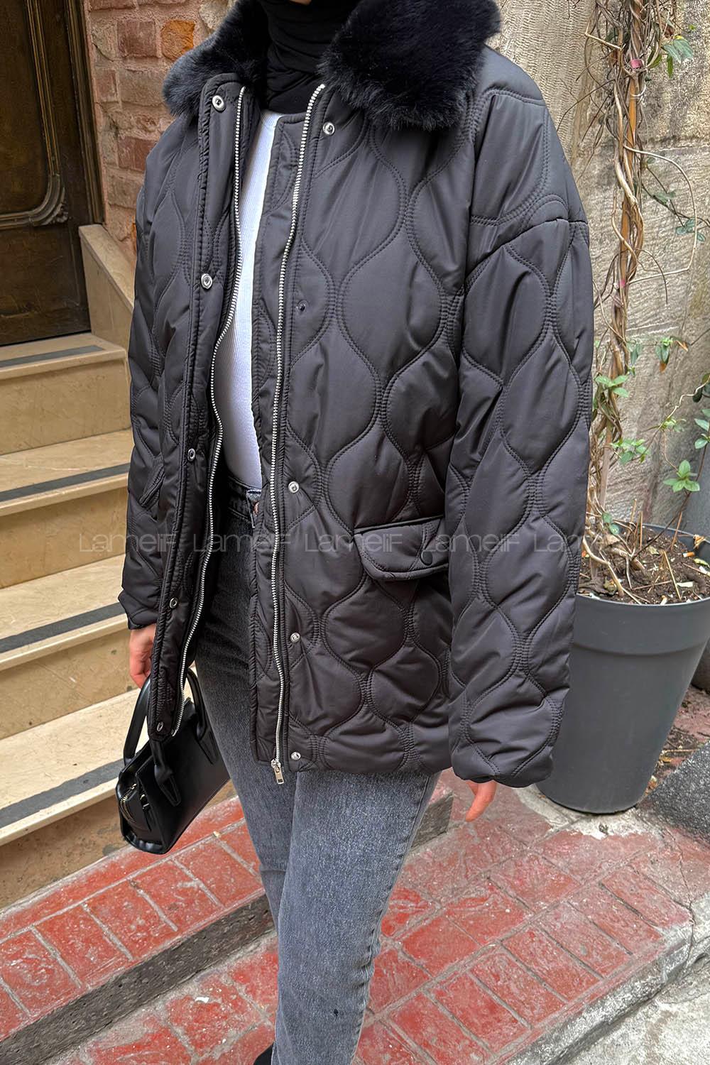 Lamelif Kürk Yaka Şişme Mont Siyah