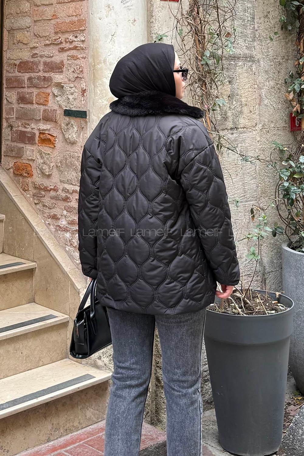 Lamelif Kürk Yaka Şişme Mont Siyah
