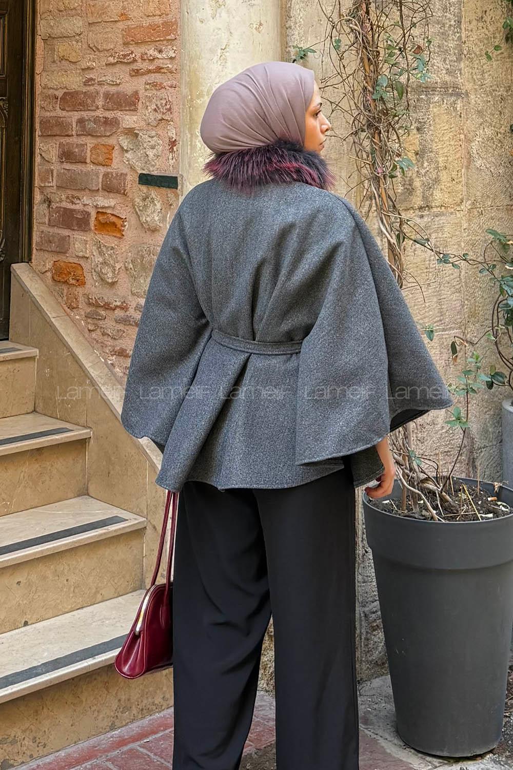 Lamelif Kürk Yakalı Panço Antrasit