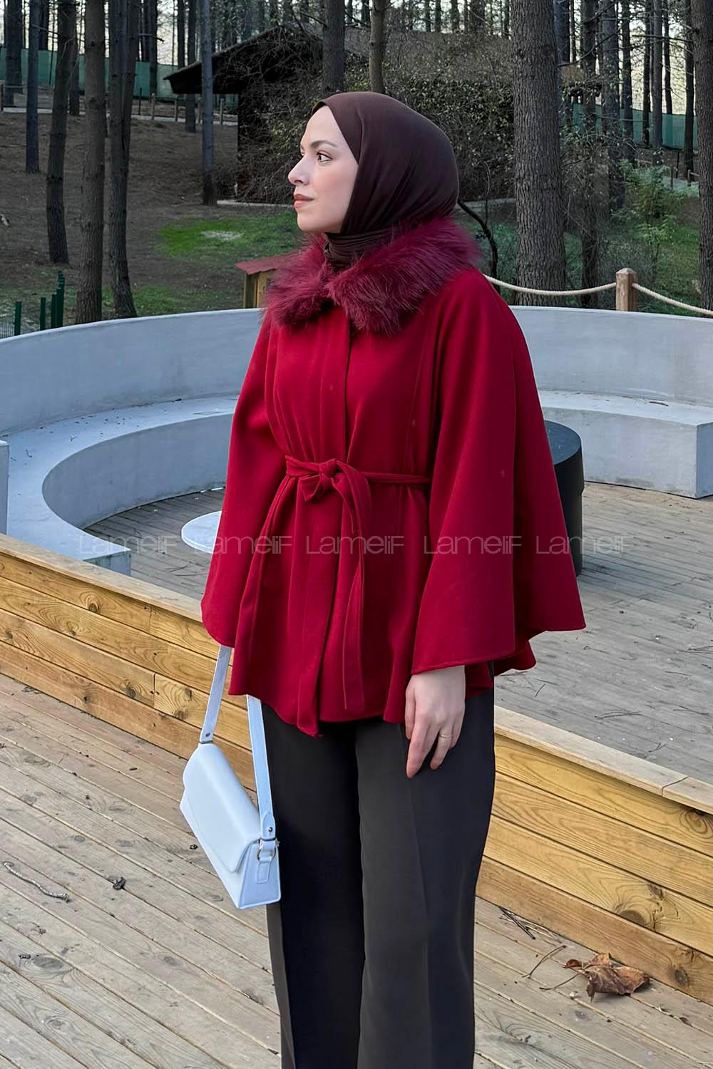 Lamelif Kürk Yakalı Panço Bordo