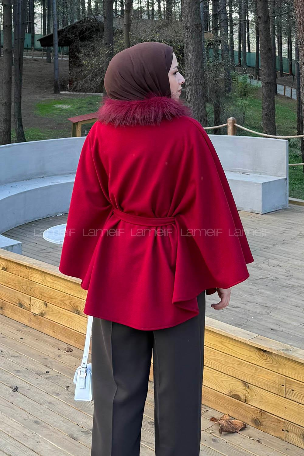 Lamelif Kürk Yakalı Panço Bordo