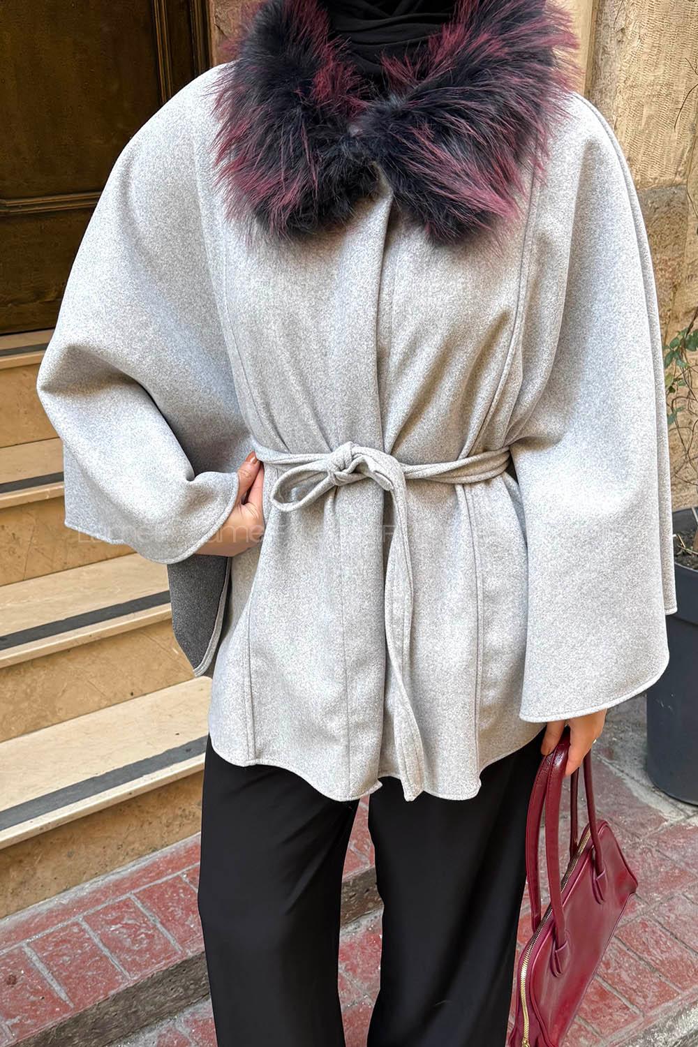Lamelif Kürk Yakalı Panço Gri