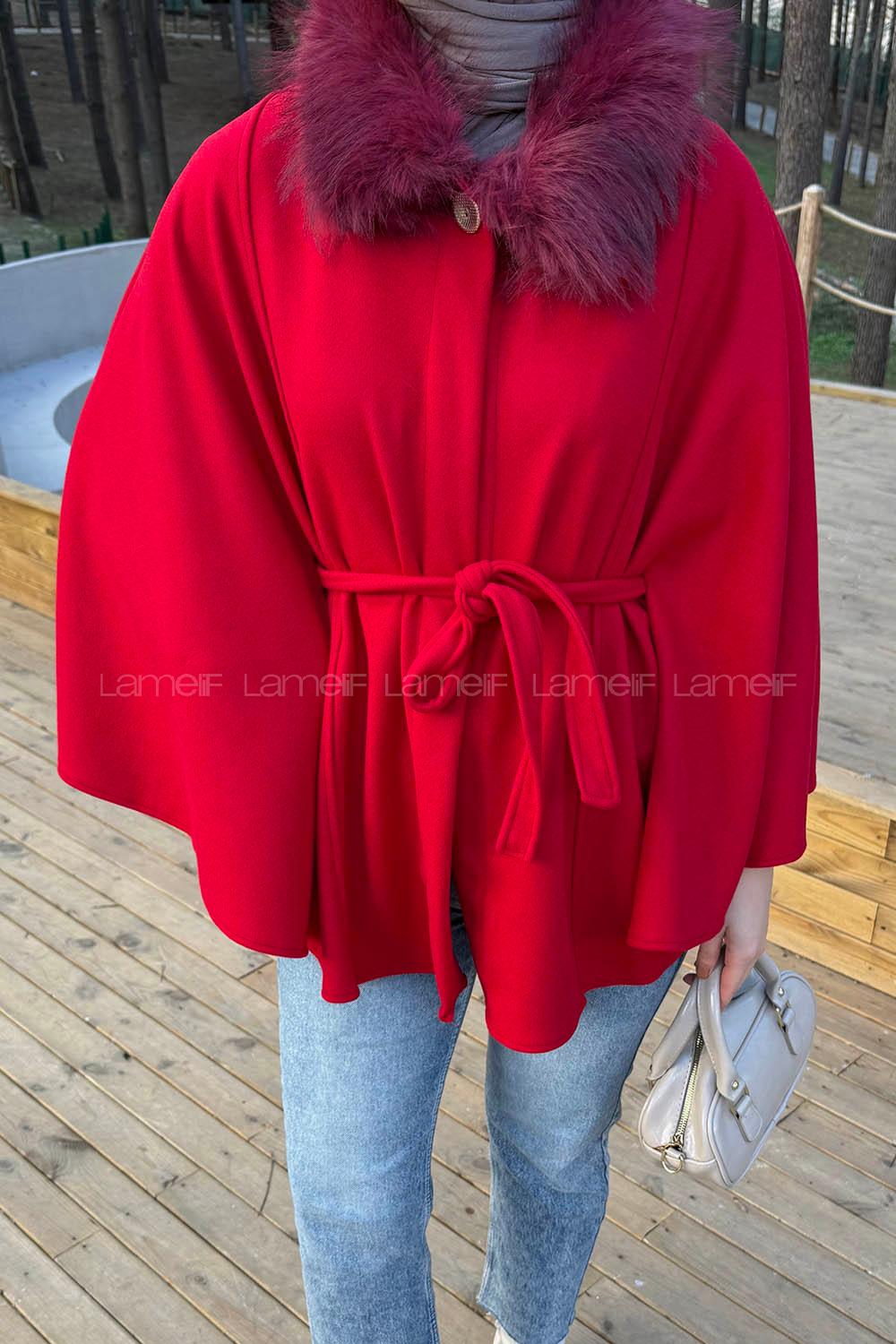 Lamelif Kürk Yakalı Panço Nar Çiçeği