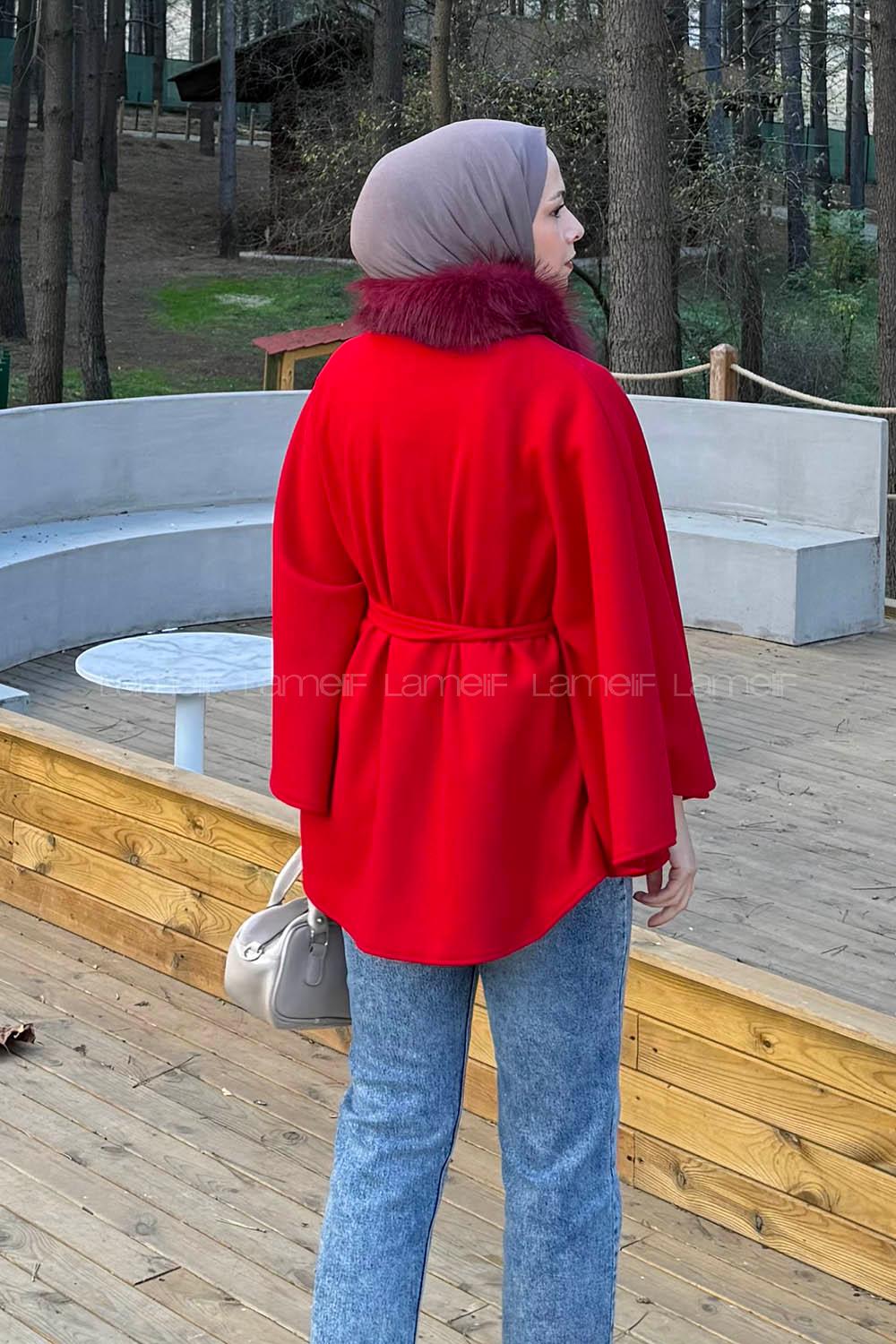 Lamelif Kürk Yakalı Panço Nar Çiçeği