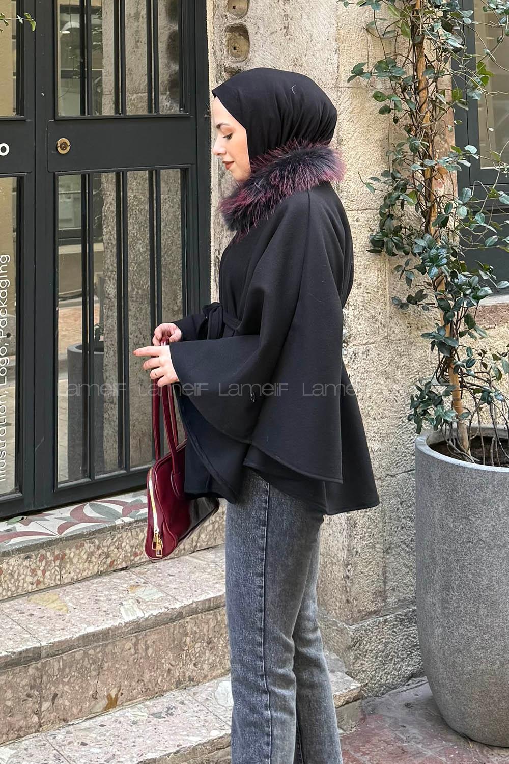 Lamelif Kürk Yakalı Panço Siyah