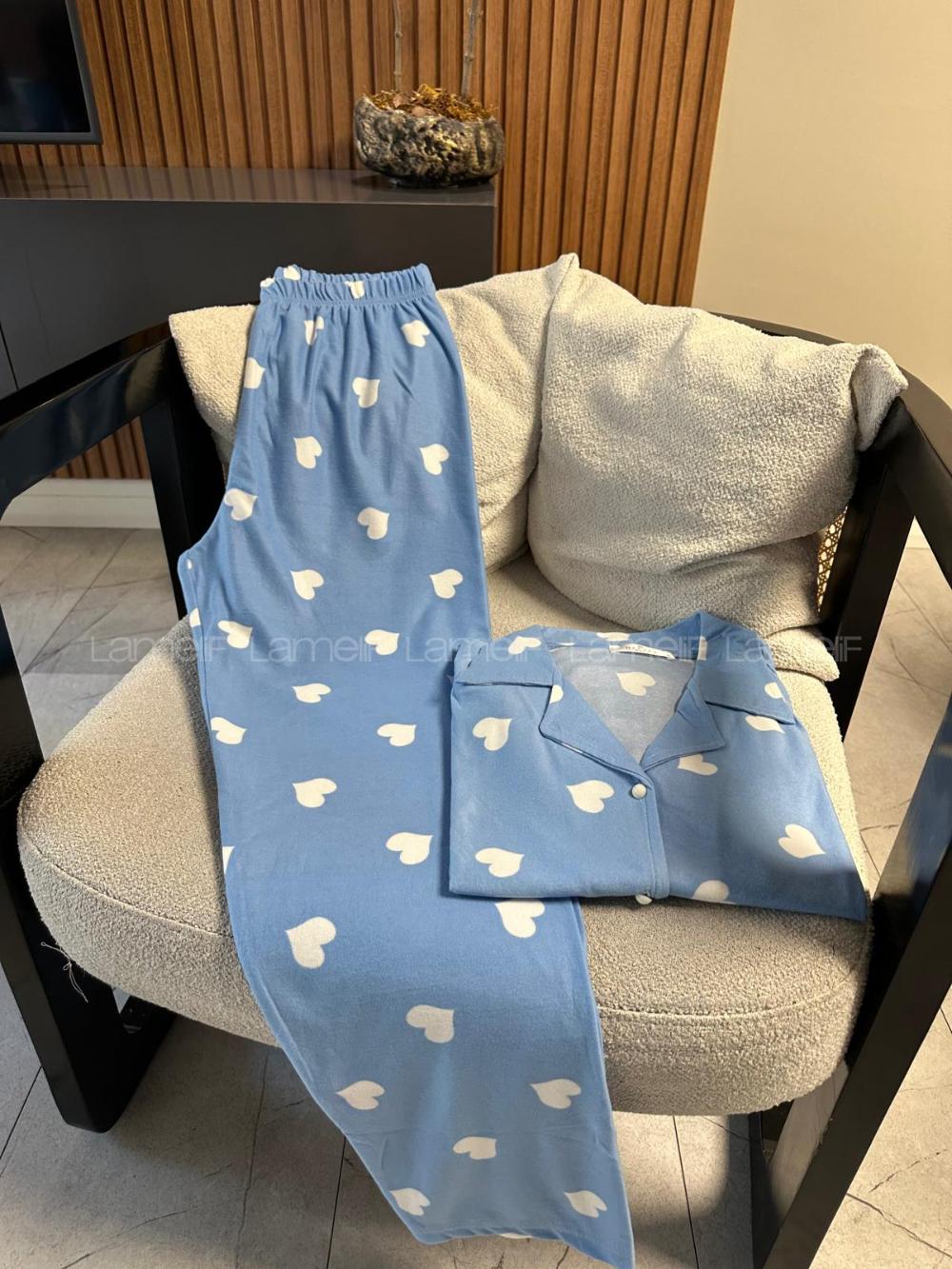 Lamelif Mavi Kalp Desenli Pijama Takımı