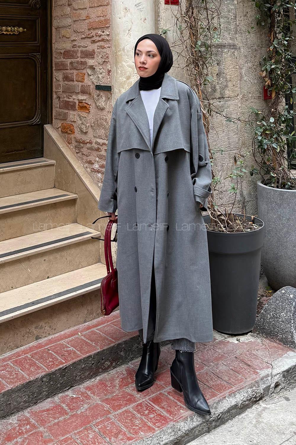 Lamelif Uzun Apoletli Trenç Füme