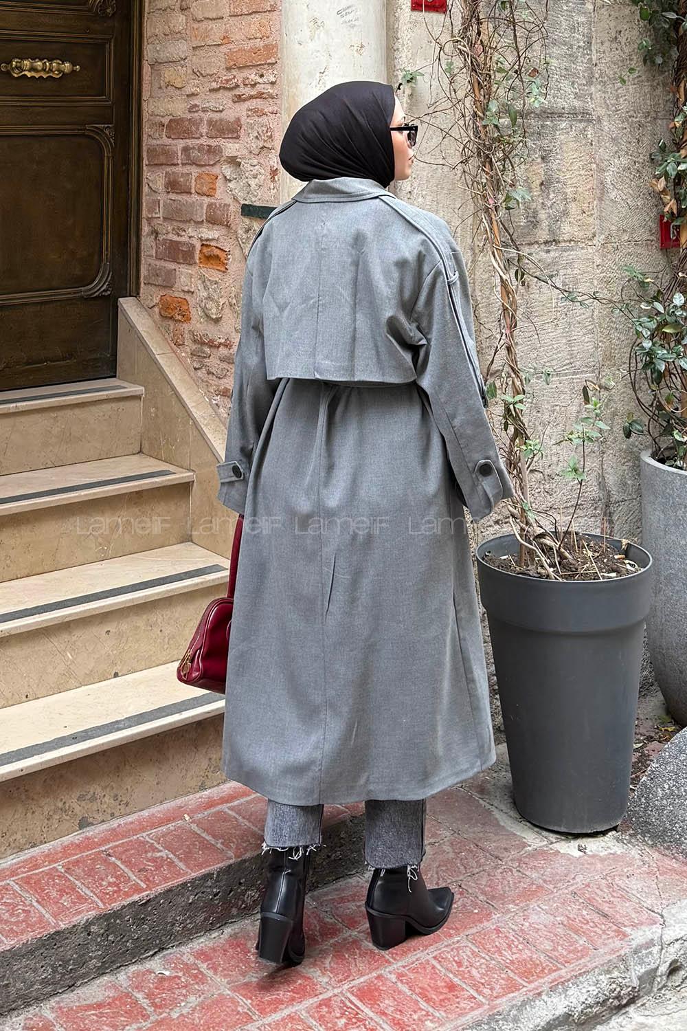 Lamelif Uzun Apoletli Trenç Füme