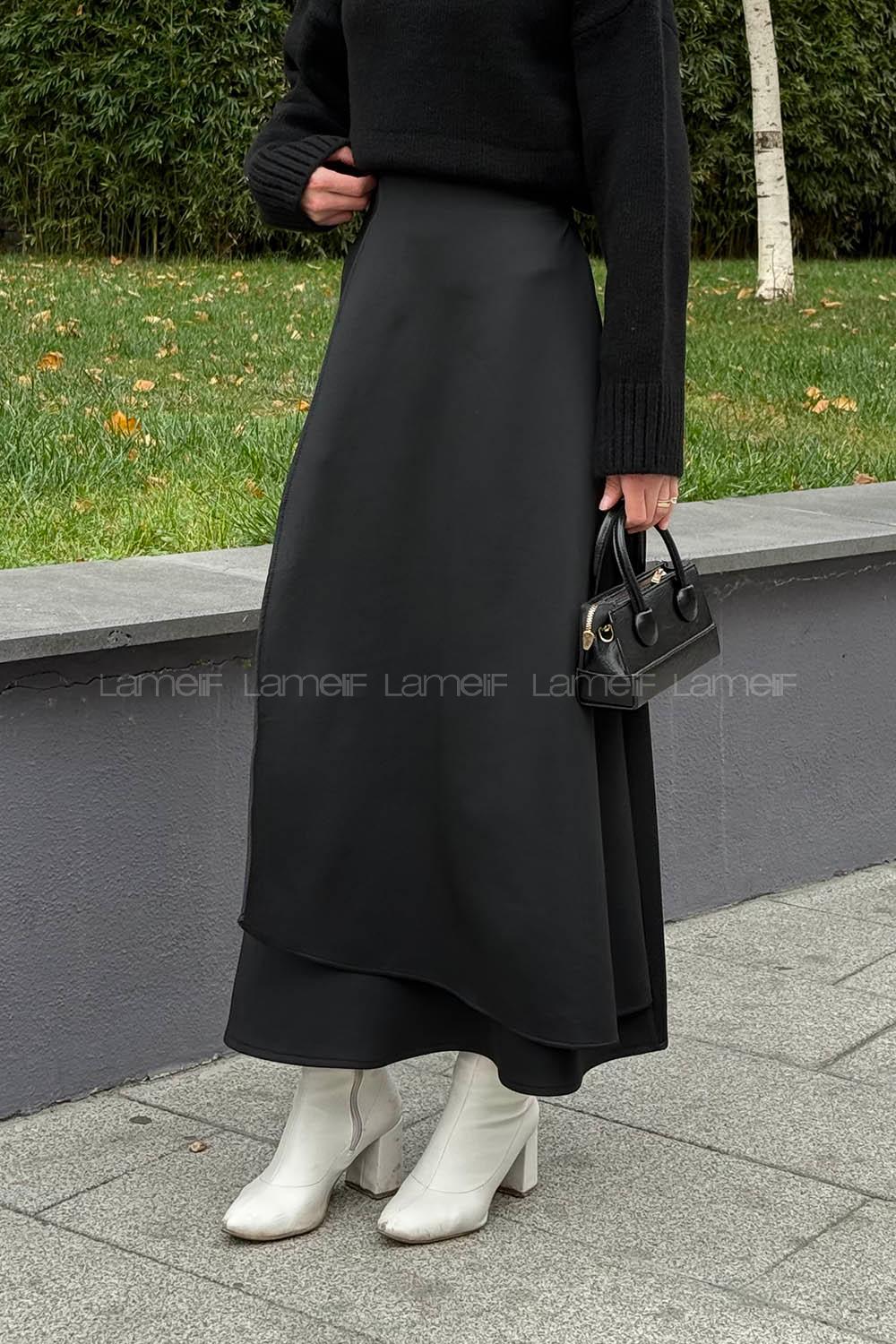 Lamelif Bağlama Detaylı Scuba Etek Siyah