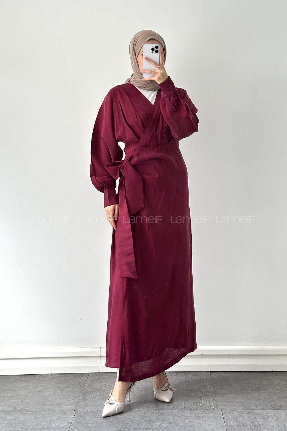 Lamelif Bağlama Detaylı Tesettür Elbise Bordo