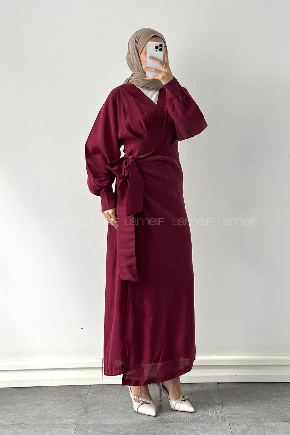 Lamelif Bağlama Detaylı Tesettür Elbise Bordo