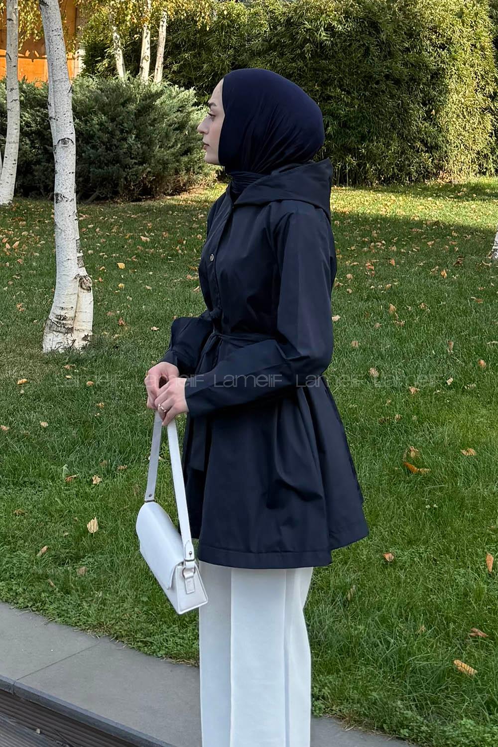 Navy Blue Hood Neck Long Arm Raincoat
