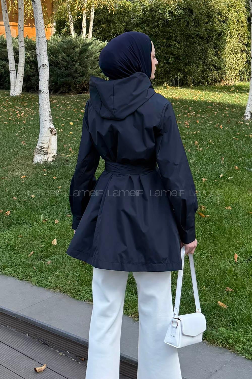 Navy Blue Hood Neck Long Arm Raincoat