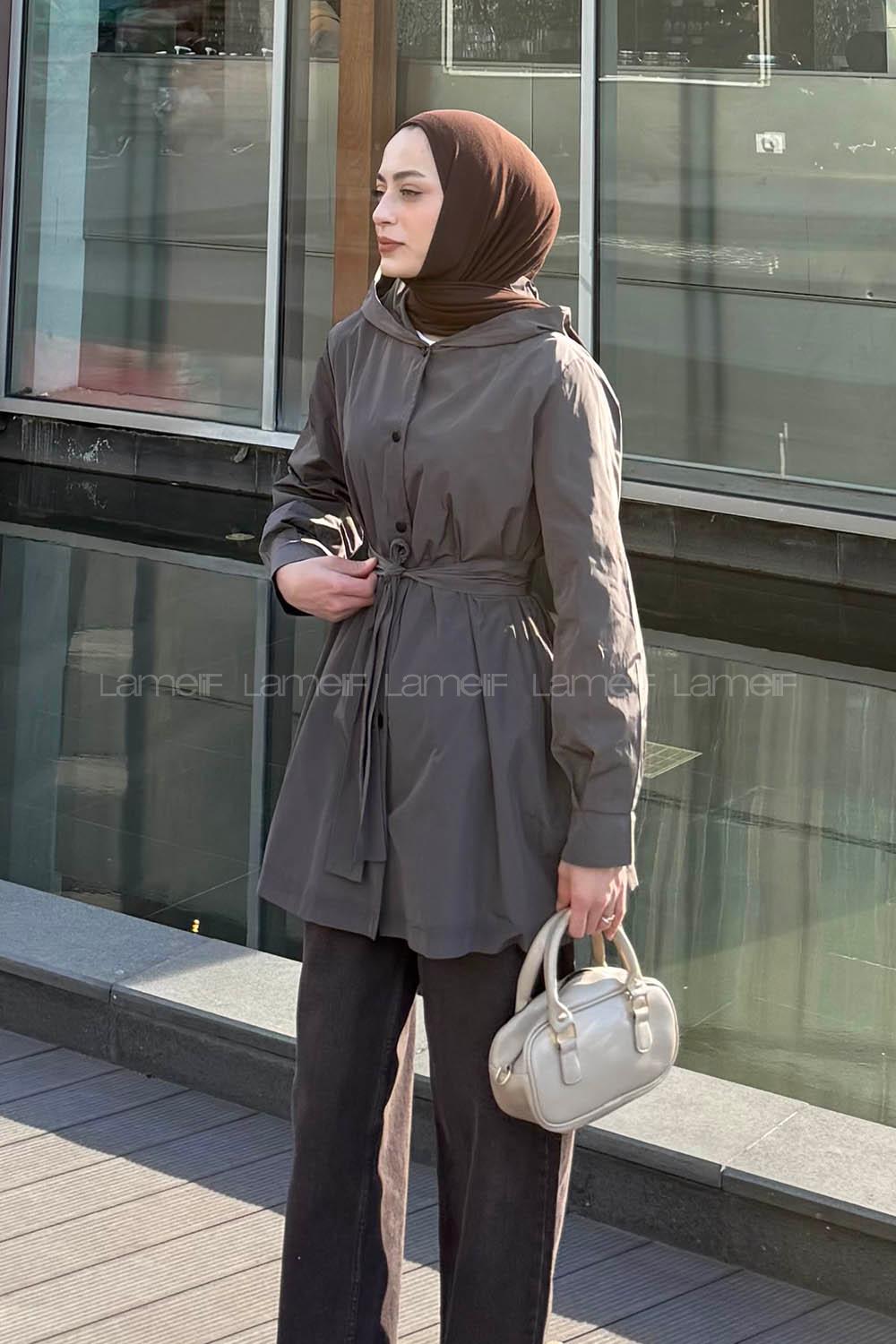 Soft Brown Hood Neck Long Arm Raincoat