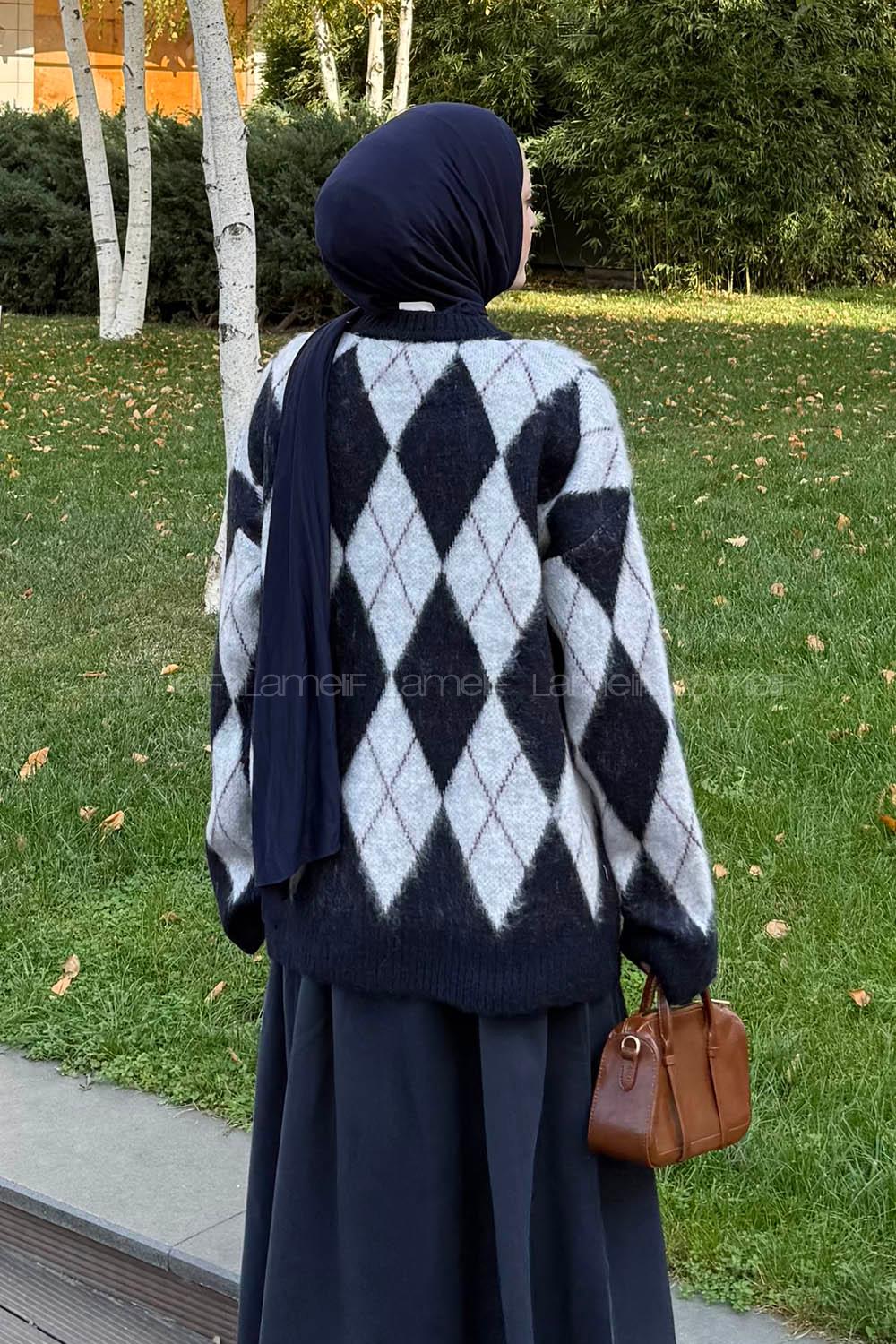 Lamelif Baklava Desen Triko Kazak Gri-Lacivert