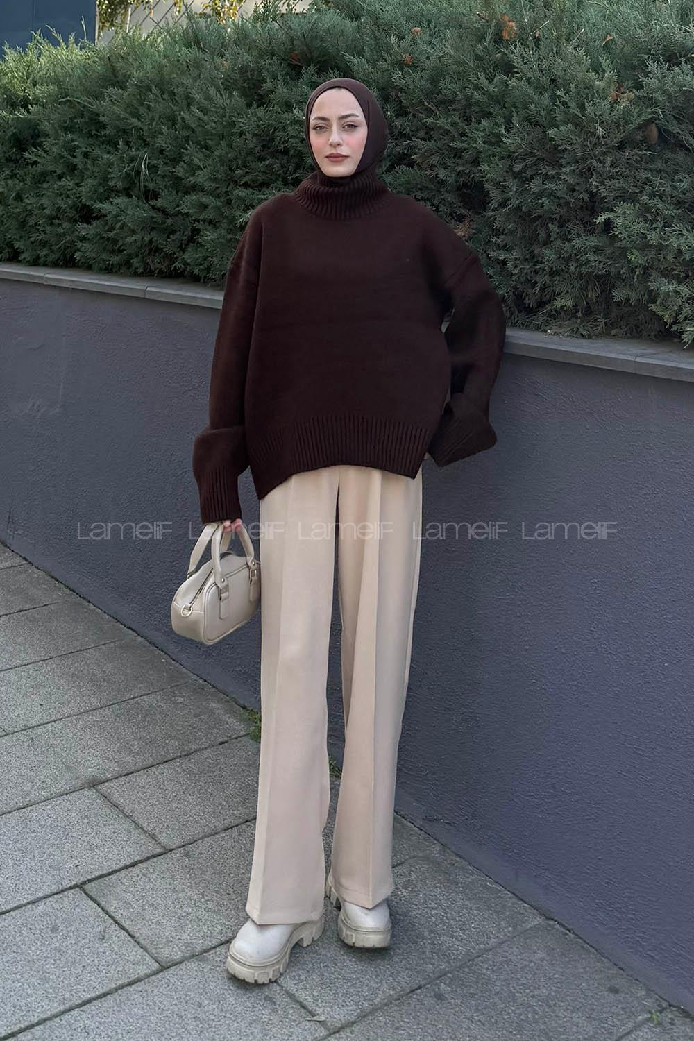 Lamelif Basic Triko Kazak Acı Kahve