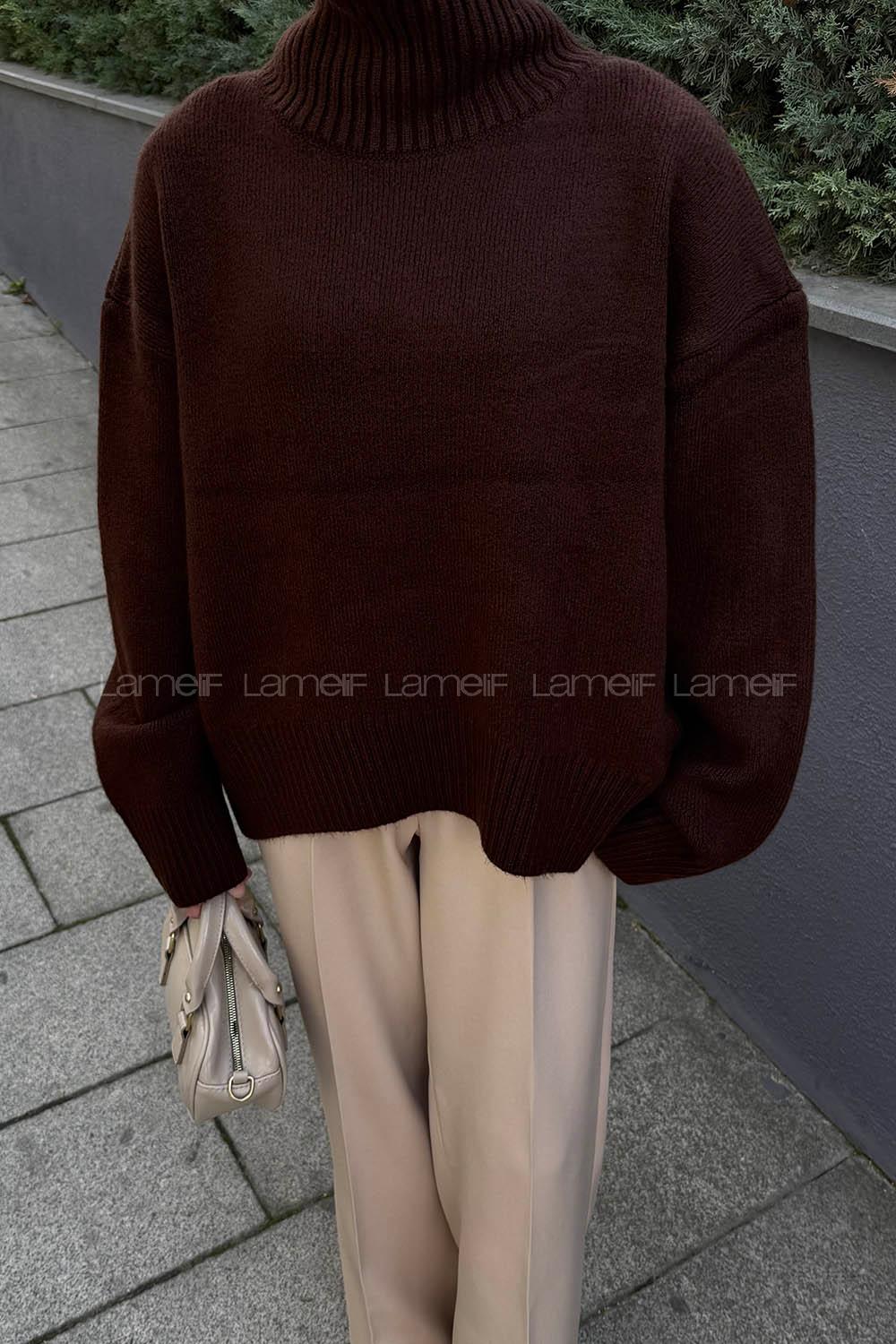 Lamelif Basic Triko Kazak Acı Kahve