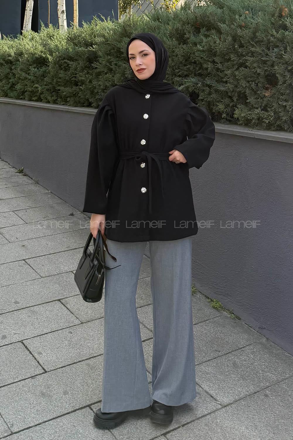 Lamelif Bel Lastikli Bağlama Detaylı Ceket Siyah