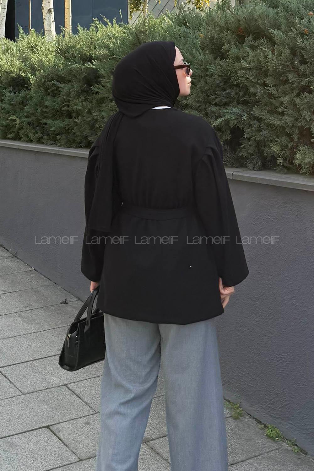 Lamelif Bel Lastikli Bağlama Detaylı Ceket Siyah