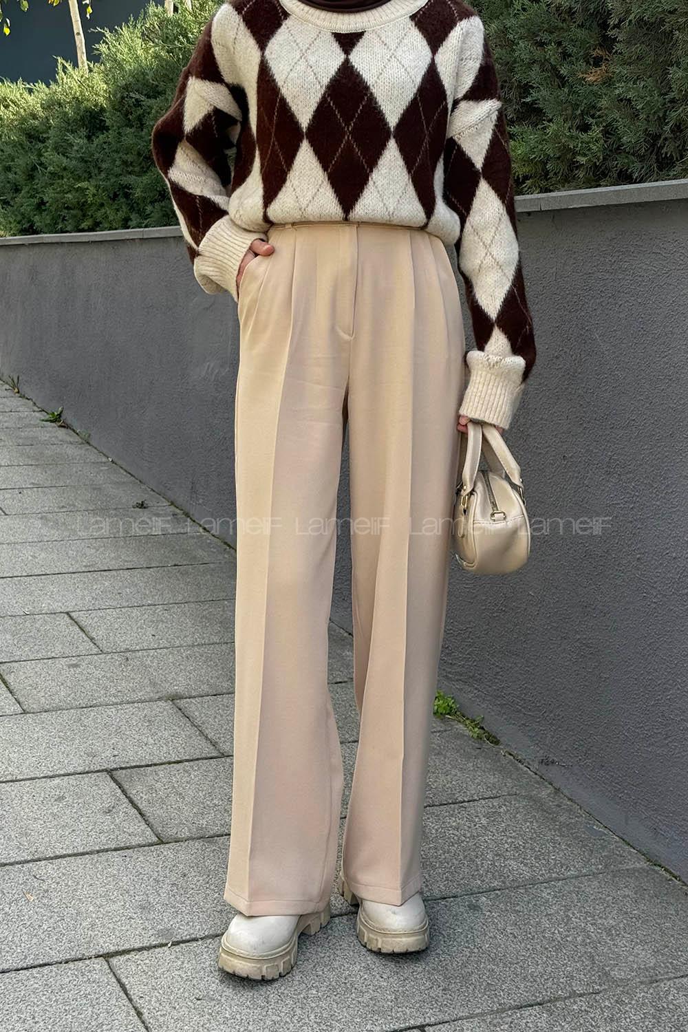 Lamelif Bel Lastikli Pantolon Bej