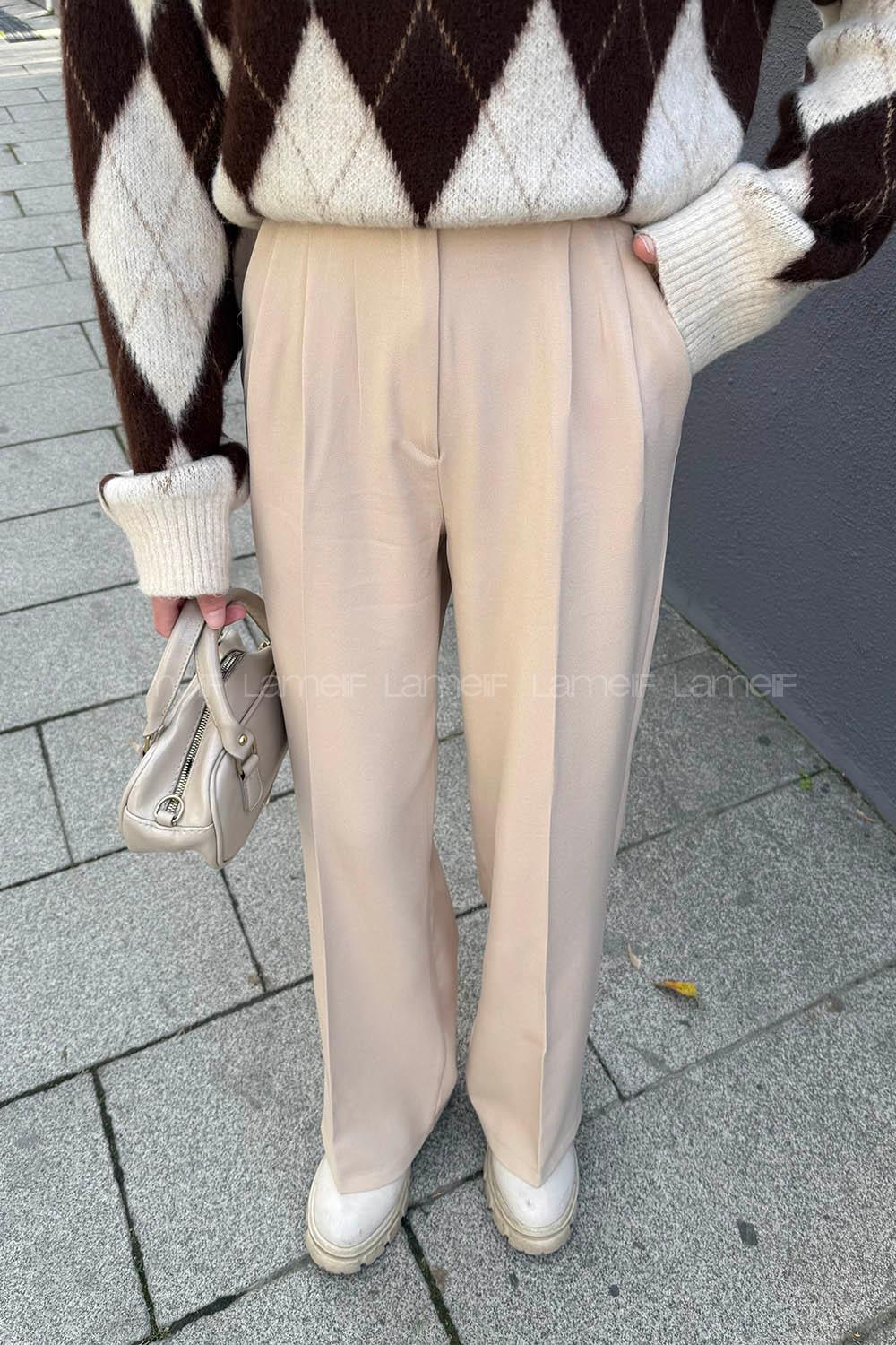 Lamelif Bel Lastikli Pantolon Bej